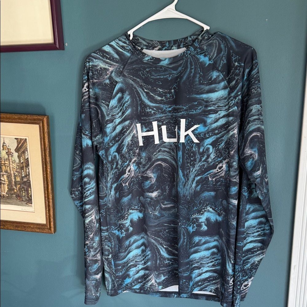 Huk Long Sleeve Performance Top - Teal, Black & White Marble